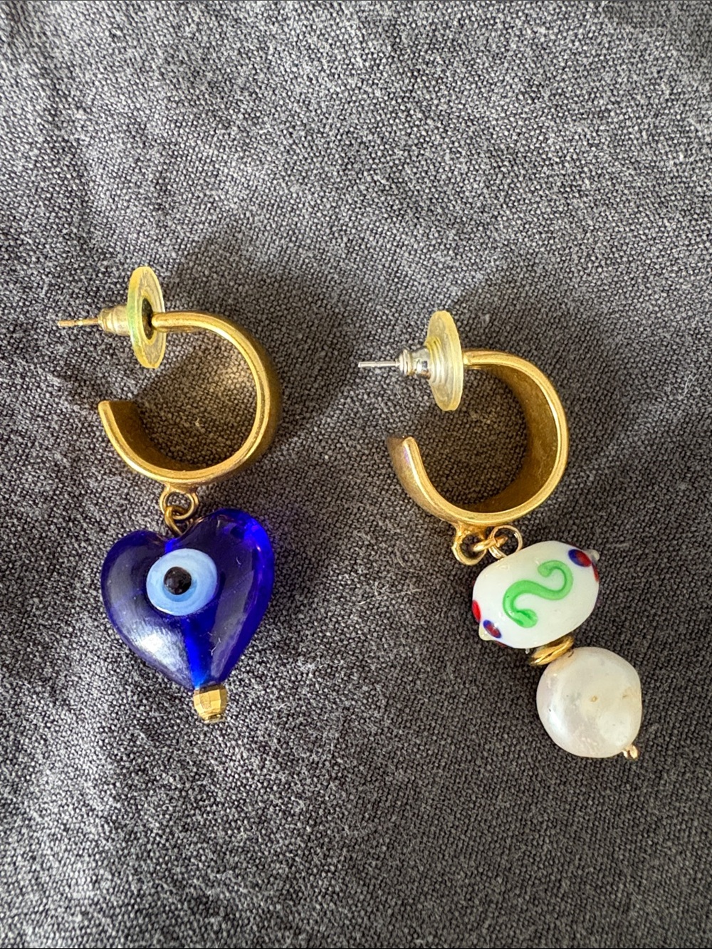 Mayol Gold Hoop Earrings with Blue Heart and Cream Glass Bead Charms